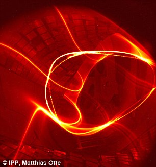 “文德?tīng)柺┨┮?7-X”裝置內(nèi)并聯(lián)環(huán)路的電子束，顯示出沿著磁場(chǎng)線的軌跡。